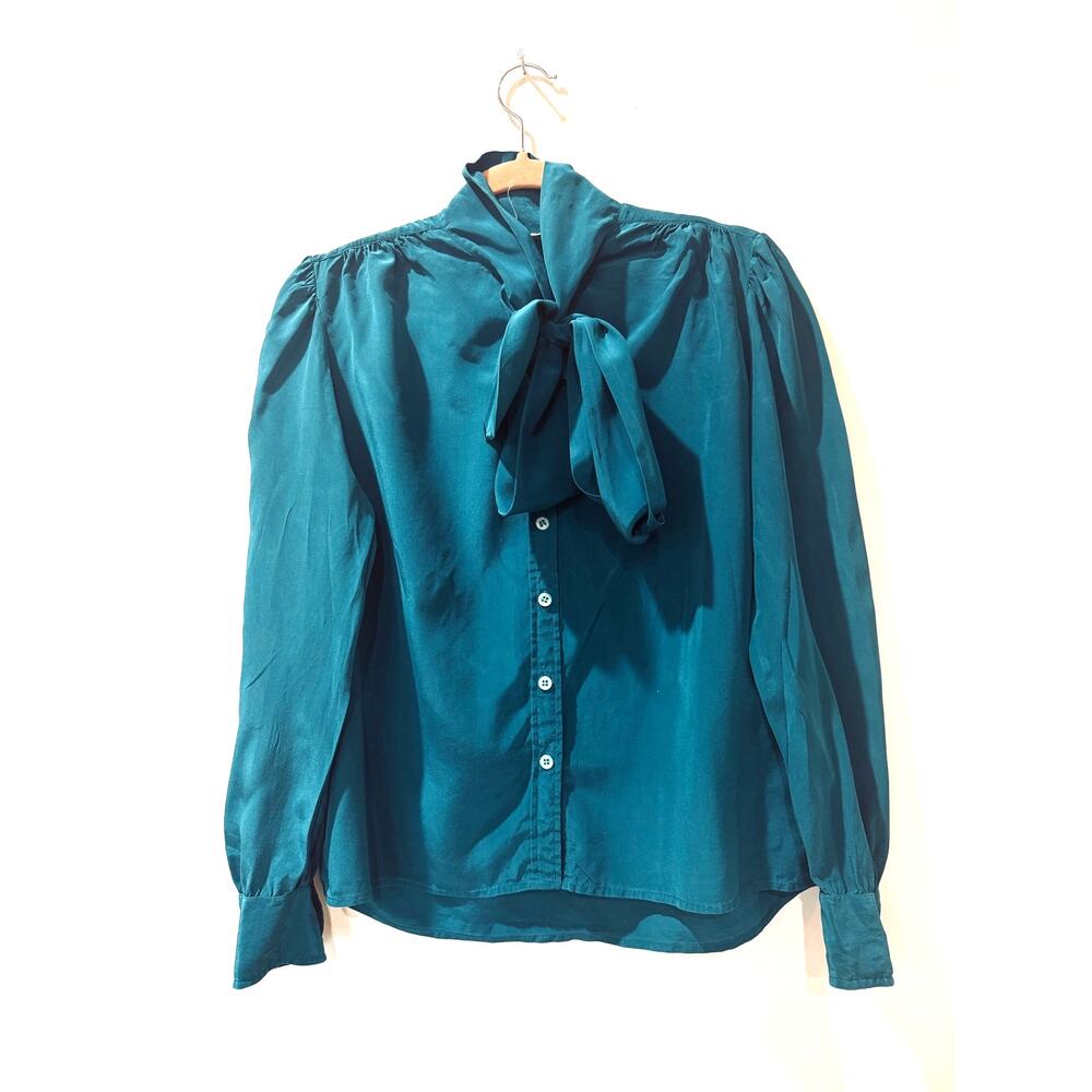 Vtg 80's 100% silk teal green blue blouse 12 Neck Bow tie front